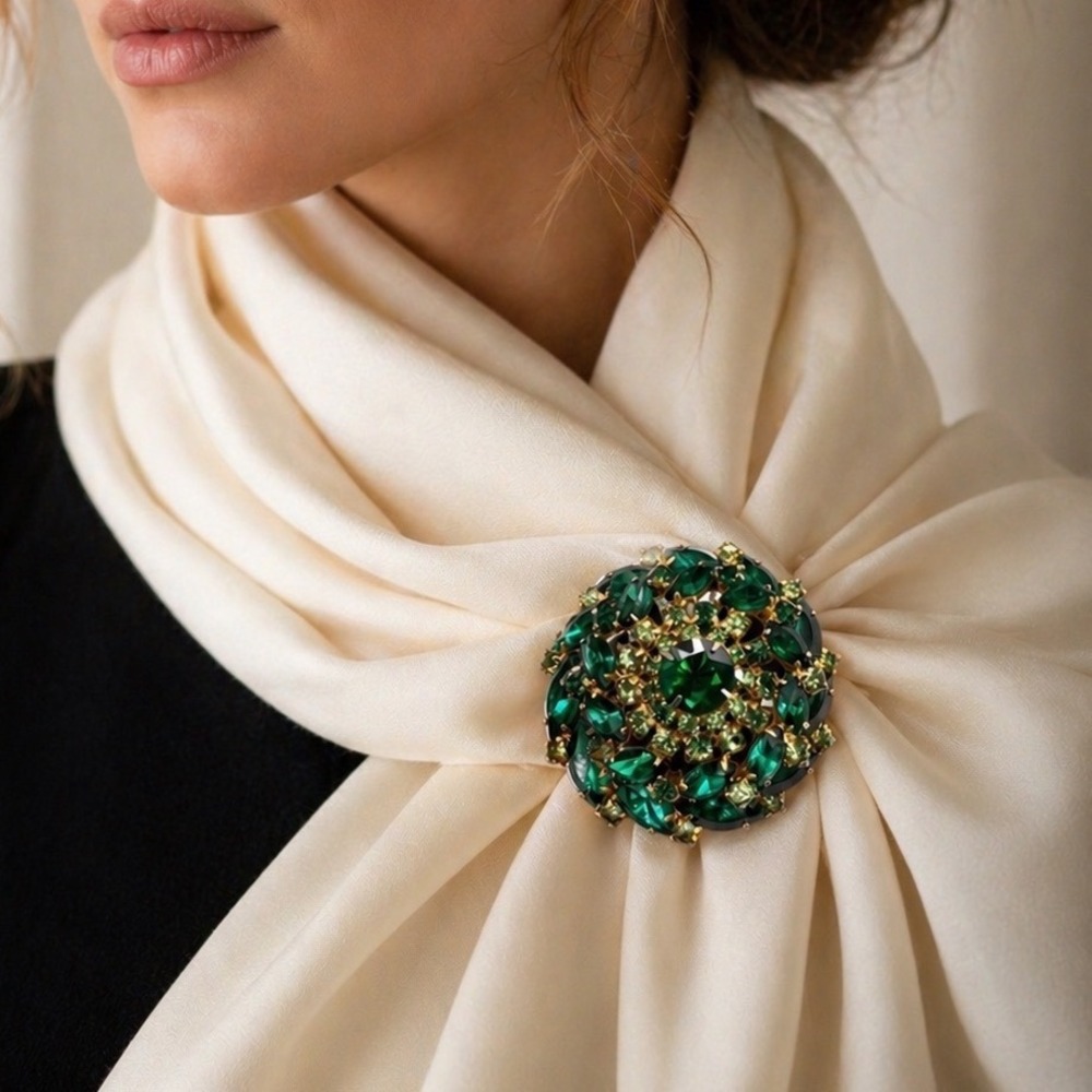 Vintage Green Rhinestone Brooch Juliana Style Gold Tone Wreath Pin